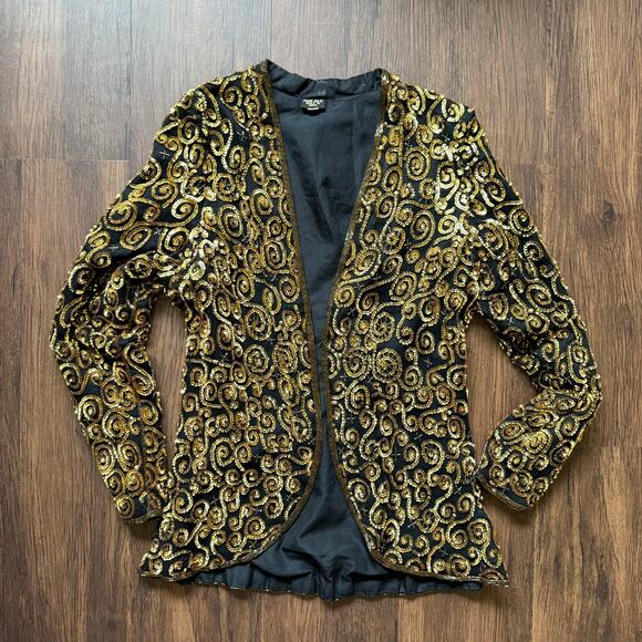 Vintage Black & Gold Sequin Silk Jacket – Holiday Evening Blazer – L - Picture 1 of 6